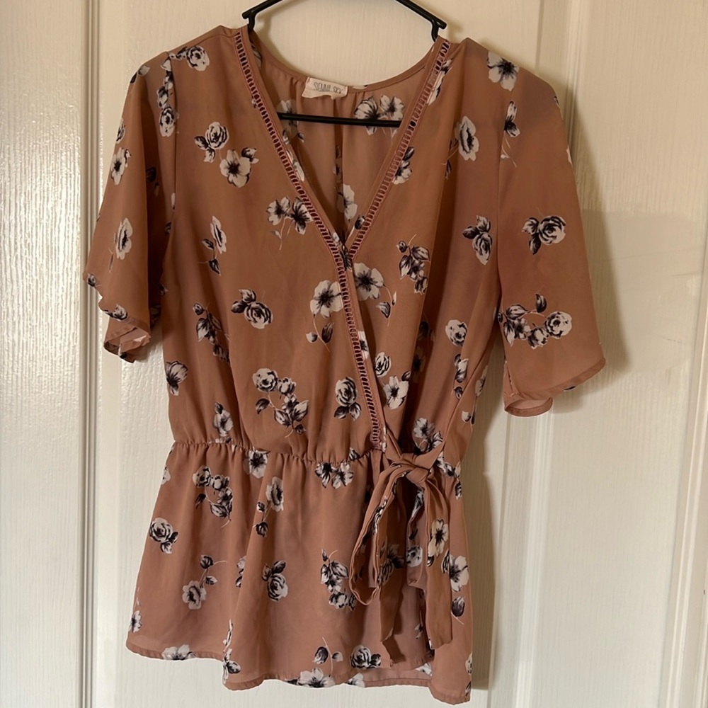 Light Pink & Roses Wrap Blouse w/ Flowy Sleeves